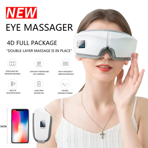 Massageador de olhos elétrico inteligente, pressão do ar, óculos de massagem com compressa quente, Bluetooth dobrável, USB recarregável, massagem ocular, carro